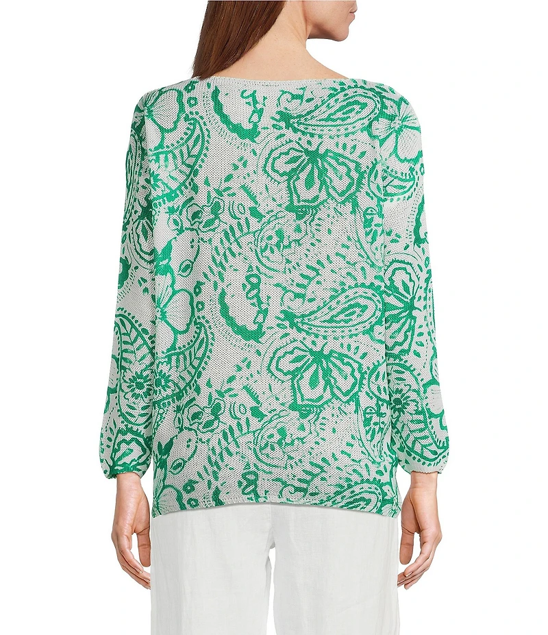 M Made in Italy Boat Neck Long Sleeve Paisley Print Knit Sweater