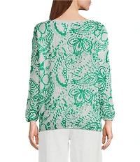 M Made in Italy Boat Neck Long Sleeve Paisley Print Knit Sweater