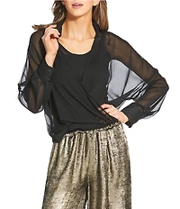 M Made in Italy Sheer Point Collar Long Sleeve Criss-Cross Top