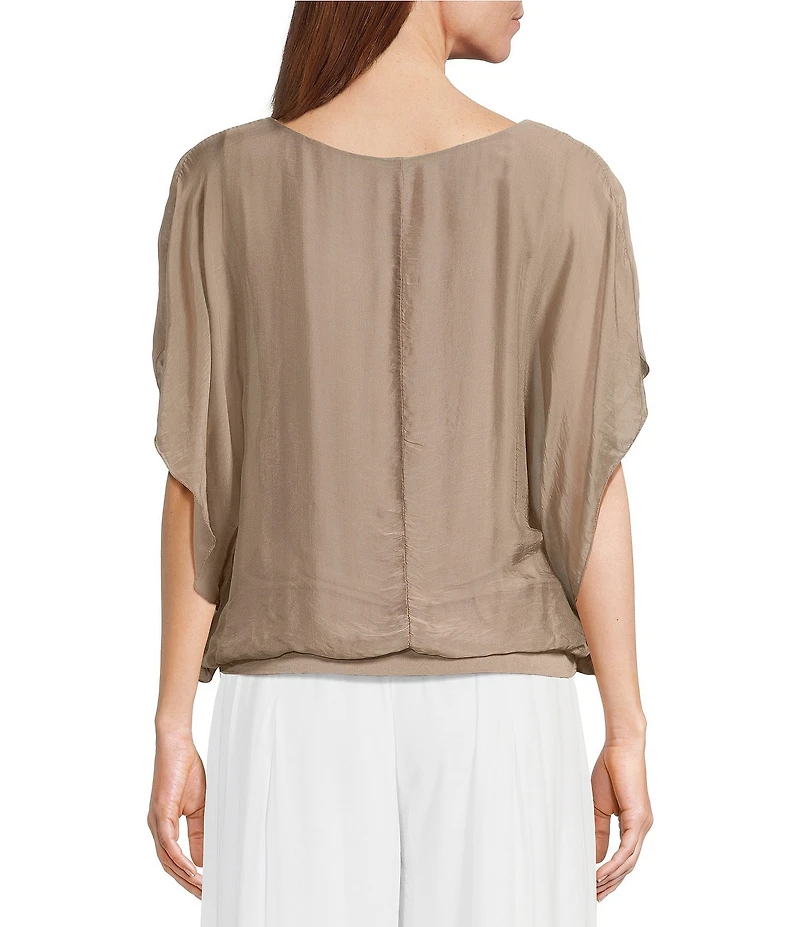 M Made in Italy Silky Crew Neck Short Sleeve Banded Hem Poncho Top