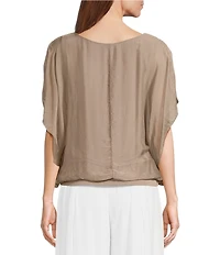 M Made in Italy Silky Crew Neck Short Sleeve Banded Hem Poncho Top
