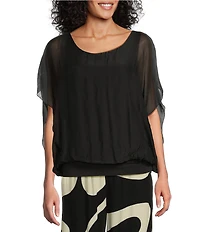 M Made in Italy Silky Crew Neck Short Sleeve Banded Hem Poncho Top