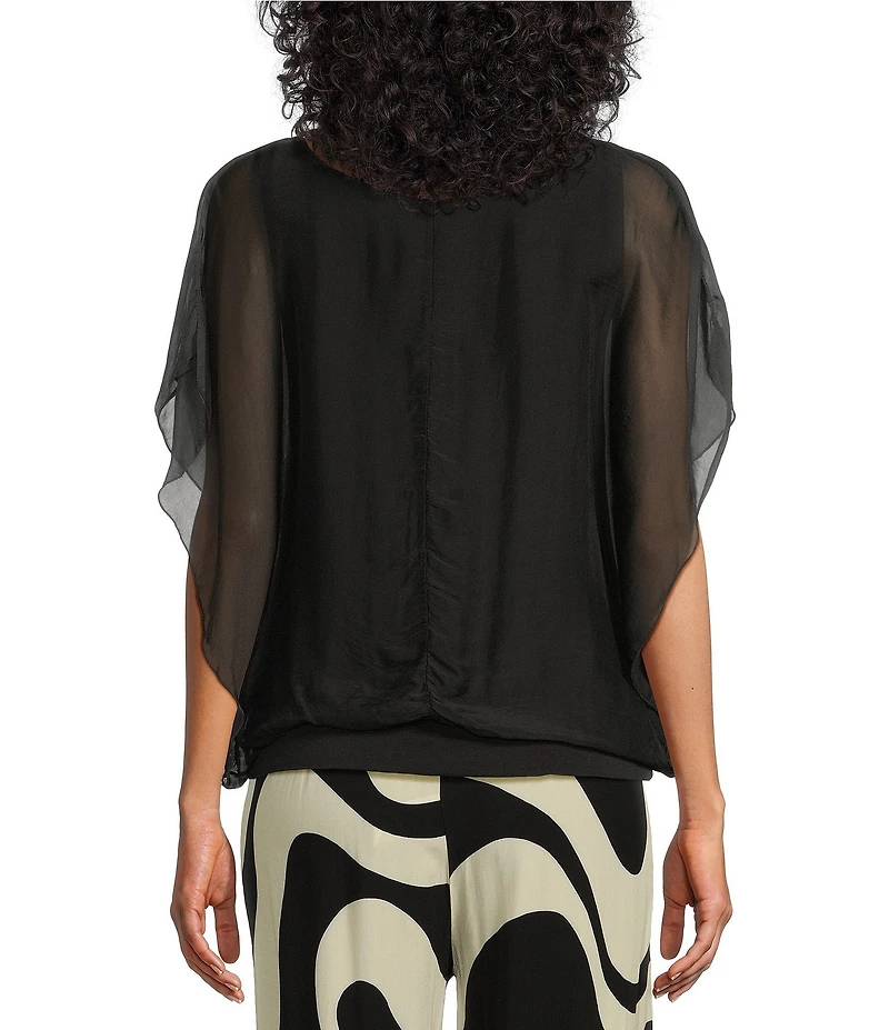 M Made in Italy Silky Crew Neck Short Sleeve Banded Hem Poncho Top