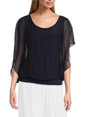 M Made in Italy Silky Crew Neck Short Sleeve Banded Hem Poncho Top