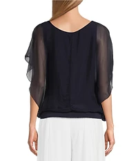 M Made in Italy Silky Crew Neck Short Sleeve Banded Hem Poncho Top