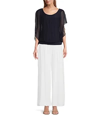 M Made in Italy Silky Crew Neck Short Sleeve Banded Hem Poncho Top