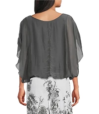 M Made in Italy Silky Crew Neck Short Sleeve Banded Hem Poncho Top