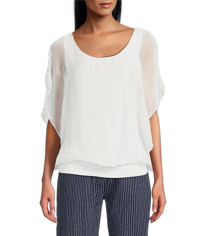 M Made in Italy Silky Crew Neck Short Sleeve Banded Hem Poncho Top