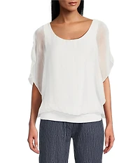 M Made in Italy Silky Crew Neck Short Sleeve Banded Hem Poncho Top
