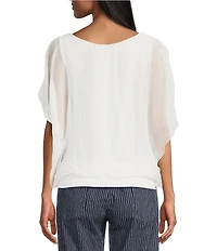 M Made in Italy Silky Crew Neck Short Sleeve Banded Hem Poncho Top