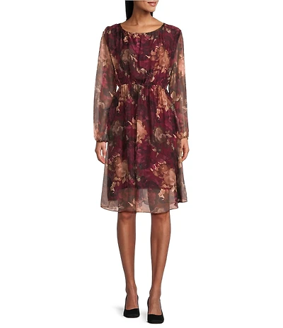 M Made in Italy Silky Floral Crew Neck Long Sleeve A-Line Midi Dress