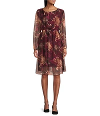 M Made in Italy Silky Floral Crew Neck Long Sleeve A-Line Midi Dress