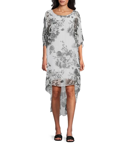 M Made In Italy Silky Floral Scoop Neck Elbow Sleeve High-Low Shift Midi Dress