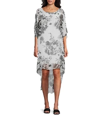 M Made In Italy Silky Floral Scoop Neck Elbow Sleeve High-Low Shift Midi Dress