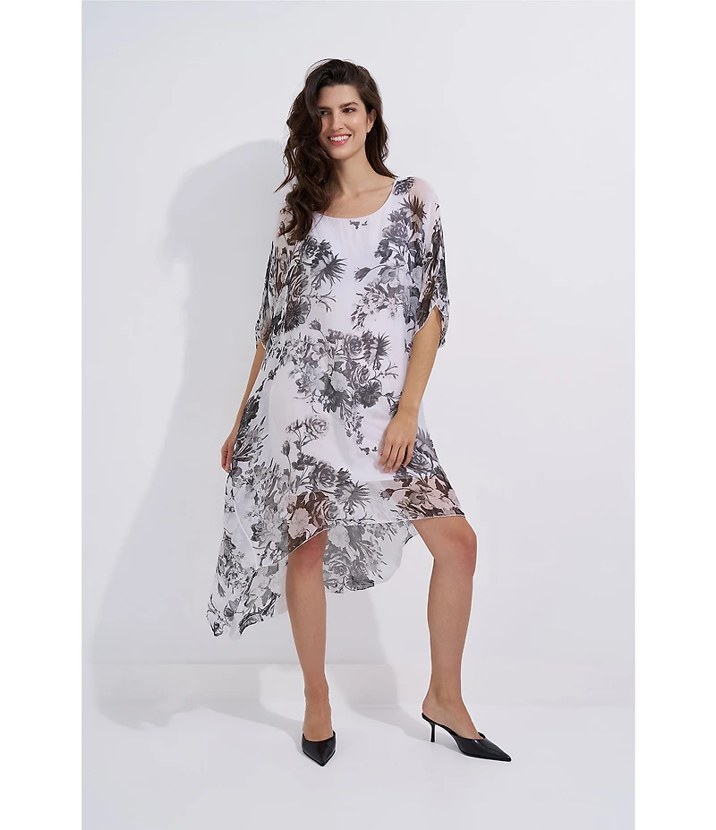 M Made In Italy Silky Floral Scoop Neck Elbow Sleeve High-Low Shift Midi Dress