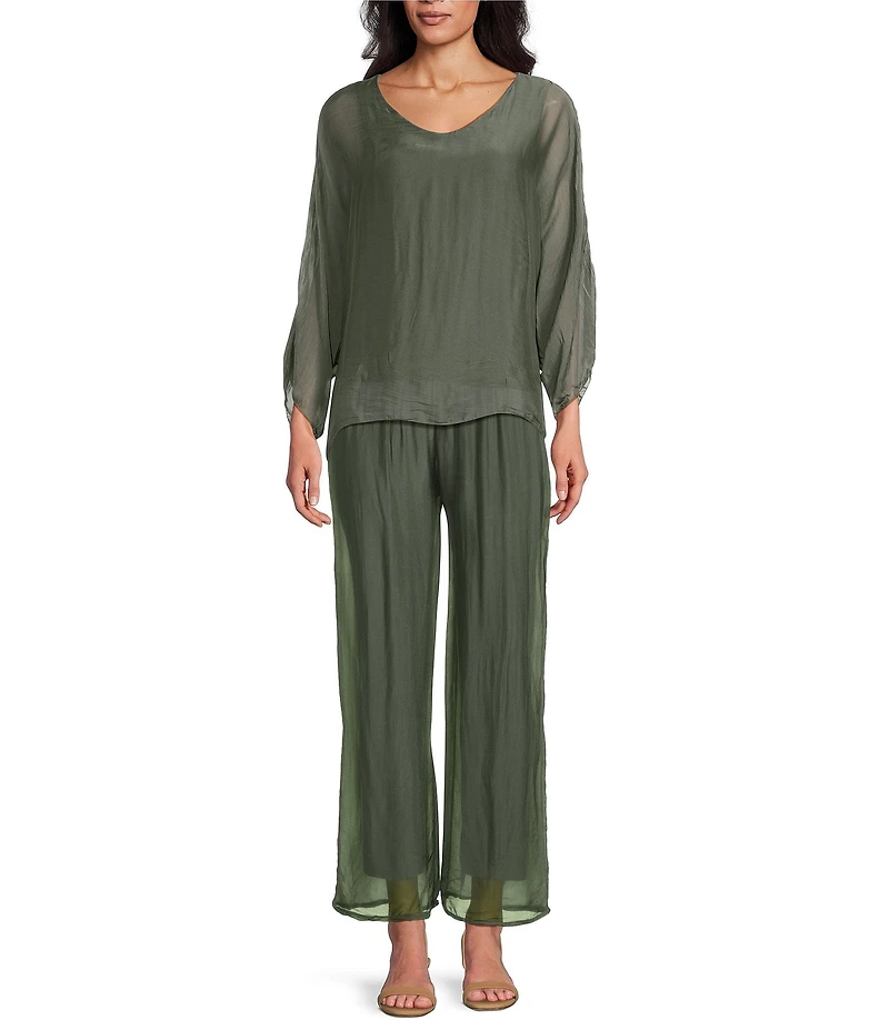 M Made in Italy Silky V-Neck 3/4 Sleeve Hi-Low Top