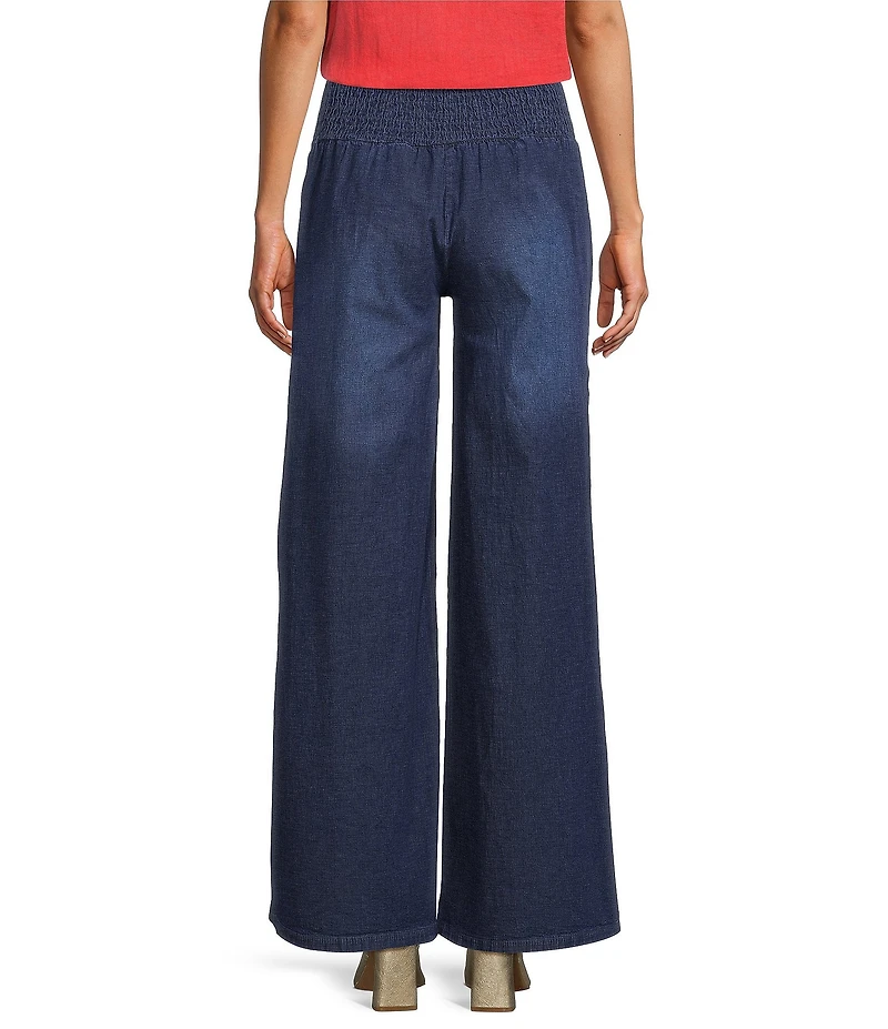 M Made in Italy Smocked Waist Wide Leg Cotton Denim Pants