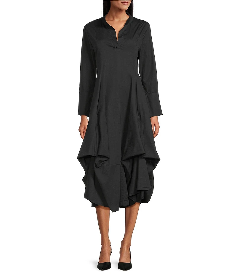 M Made in Italy Stand Collar Split V-Neck Long Sleeve Gathered Midi Dress
