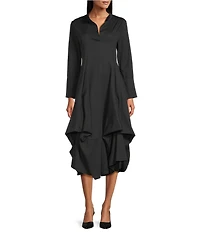 M Made in Italy Stand Collar Split V-Neck Long Sleeve Gathered Midi Dress