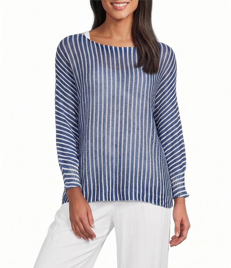 M Made in Italy Striped Knit Boat Neck Long Bat Sleeve Top