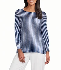 M Made in Italy Striped Knit Boat Neck Long Bat Sleeve Top