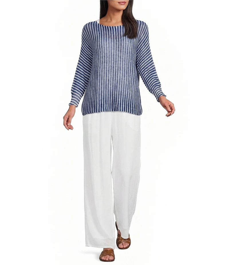 M Made in Italy Striped Knit Boat Neck Long Bat Sleeve Top