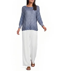 M Made in Italy Striped Knit Boat Neck Long Bat Sleeve Top