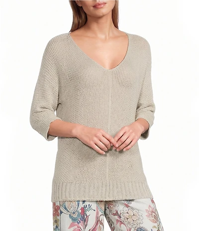 M Made in Italy Sweater Knit V-Neck 3/4 Sleeve Top