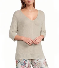 M Made in Italy Sweater Knit V-Neck 3/4 Sleeve Top