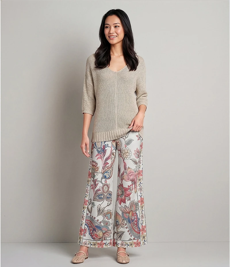 M Made in Italy Sweater Knit V-Neck 3/4 Sleeve Top