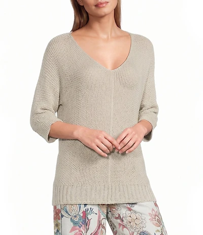 M Made in Italy Sweater Knit V-Neck 3/4 Sleeve Top