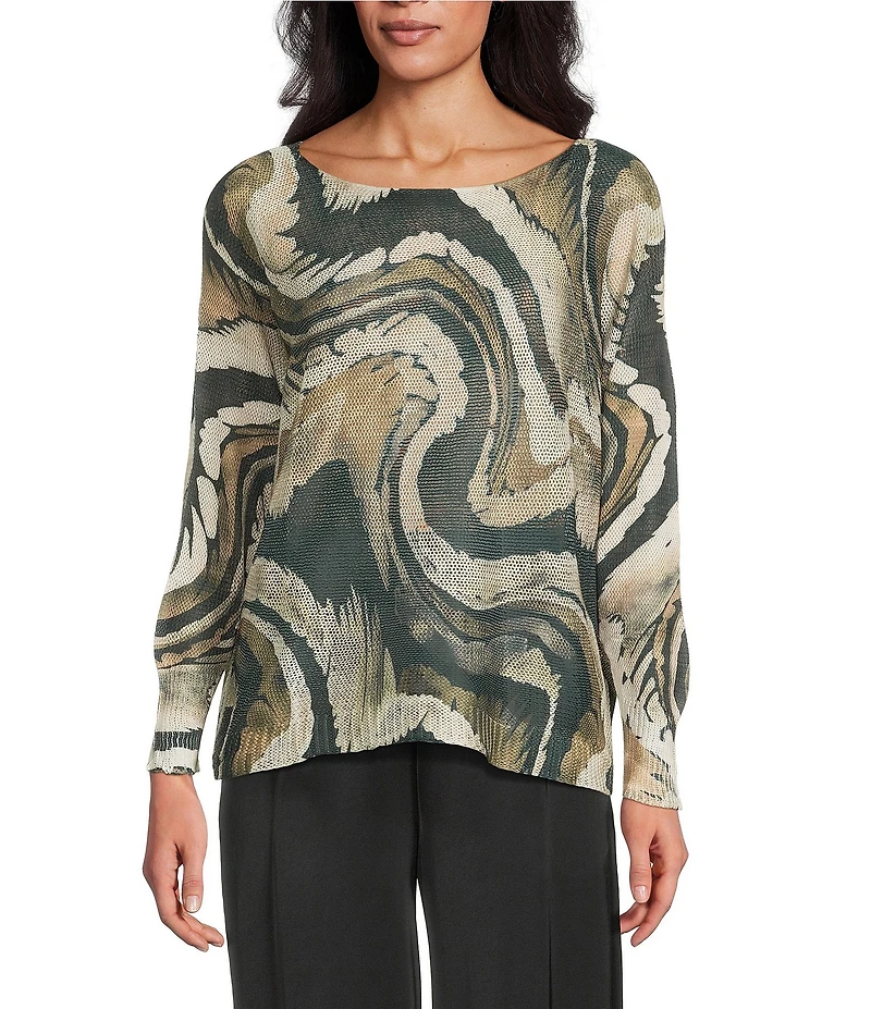 M Made in Italy Swirl Print Boat Neck Long Sleeve Knit Top