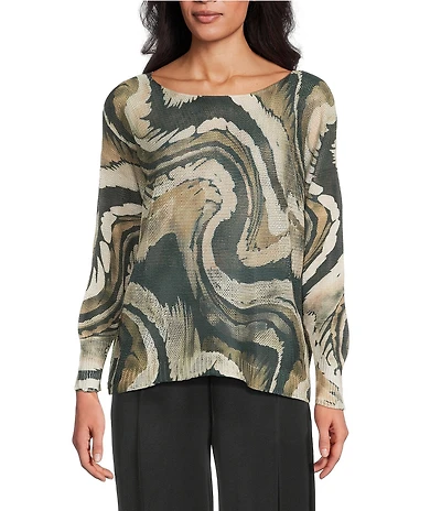 M Made in Italy Swirl Print Boat Neck Long Sleeve Knit Top