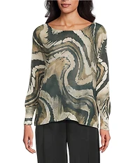 M Made in Italy Swirl Print Boat Neck Long Sleeve Knit Top