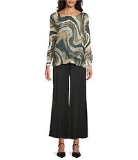 M Made in Italy Swirl Print Boat Neck Long Sleeve Knit Top