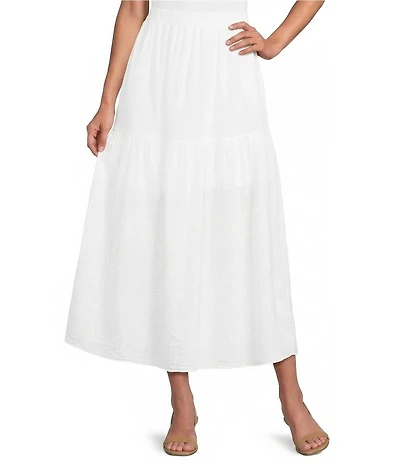 M Made in Italy Textured Dot Cotton Elastic Waist A- Line Tiered Maxi Skirt