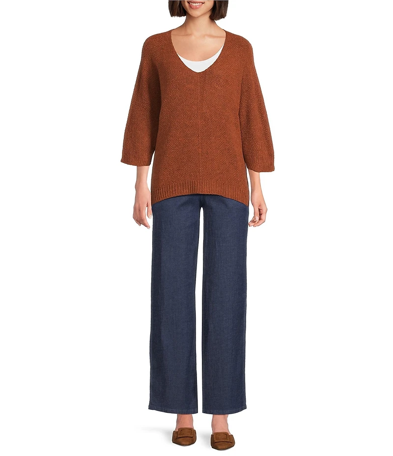 M Made in Italy V-Neck 3/4 Sleeved High-Low Cable Knit Sweater