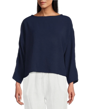 M Made in Italy Woven Boat Neck Long Sleeve Top