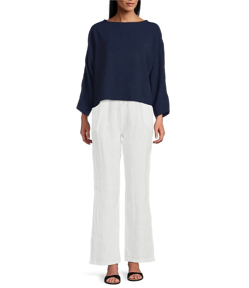M Made in Italy Woven Boat Neck Long Sleeve Top
