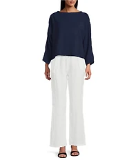 M Made in Italy Woven Boat Neck Long Sleeve Top
