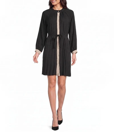 M Made in Italy Woven Color Block Stand Collar Long Sleeve Above Knee Length Dress