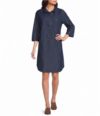 M Made in Italy Woven Denim Point Collar Long Sleeve Shirt Dress