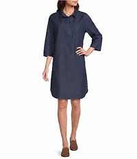 M Made in Italy Woven Denim Point Collar Long Sleeve Shirt Dress