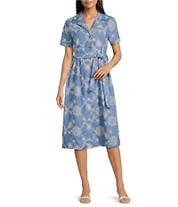 M Made In Italy Woven Embroidered Notch Collar Short Sleeve Belted Midi Shirt Dress