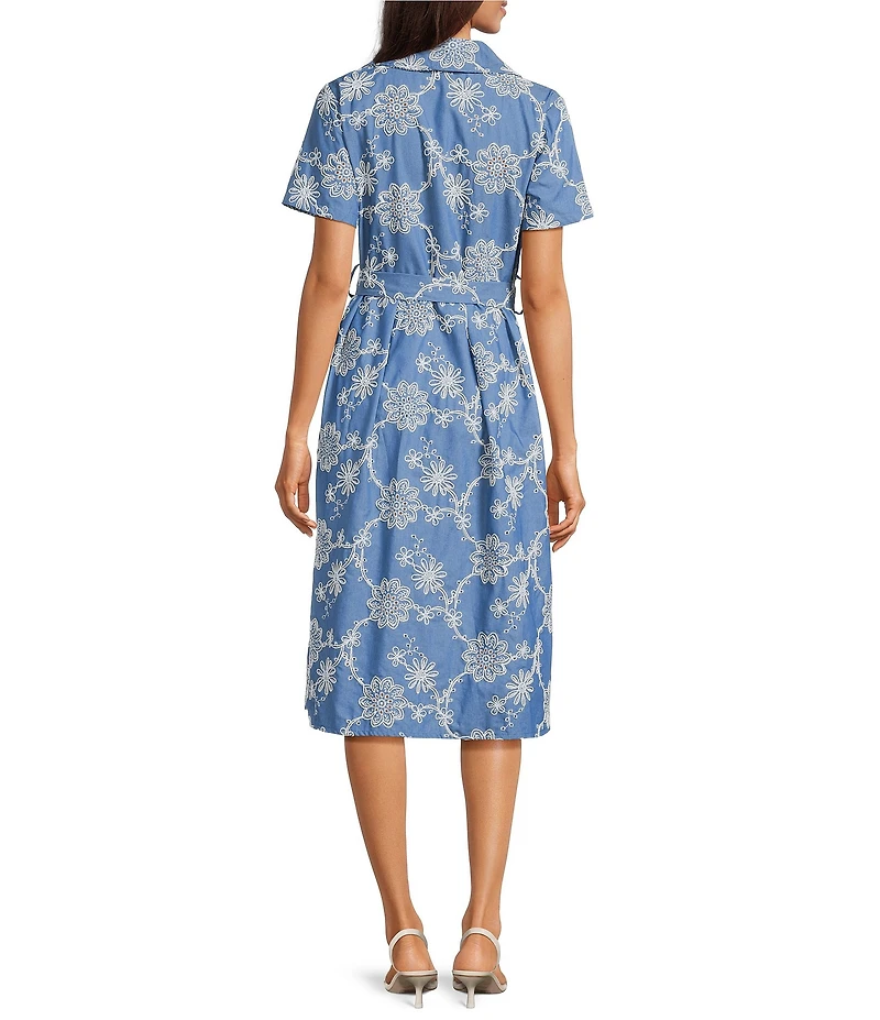 M Made In Italy Woven Embroidered Notch Collar Short Sleeve Belted Midi Shirt Dress