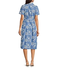 M Made In Italy Woven Embroidered Notch Collar Short Sleeve Belted Midi Shirt Dress