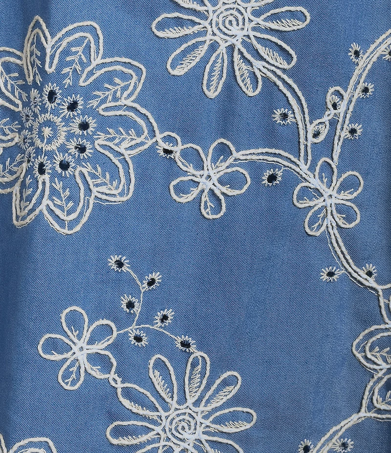 M Made In Italy Woven Embroidered Notch Collar Short Sleeve Belted Midi Shirt Dress