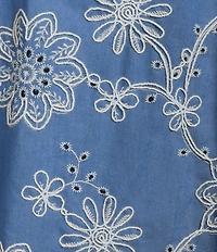 M Made In Italy Woven Embroidered Notch Collar Short Sleeve Belted Midi Shirt Dress