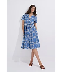 M Made In Italy Woven Embroidered Notch Collar Short Sleeve Belted Midi Shirt Dress