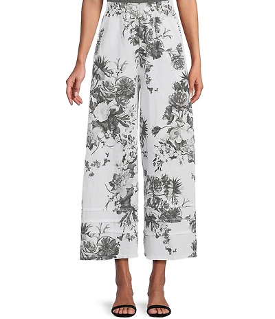 M Made In Italy Woven Floral Extra Wide Leg Cropped Pants